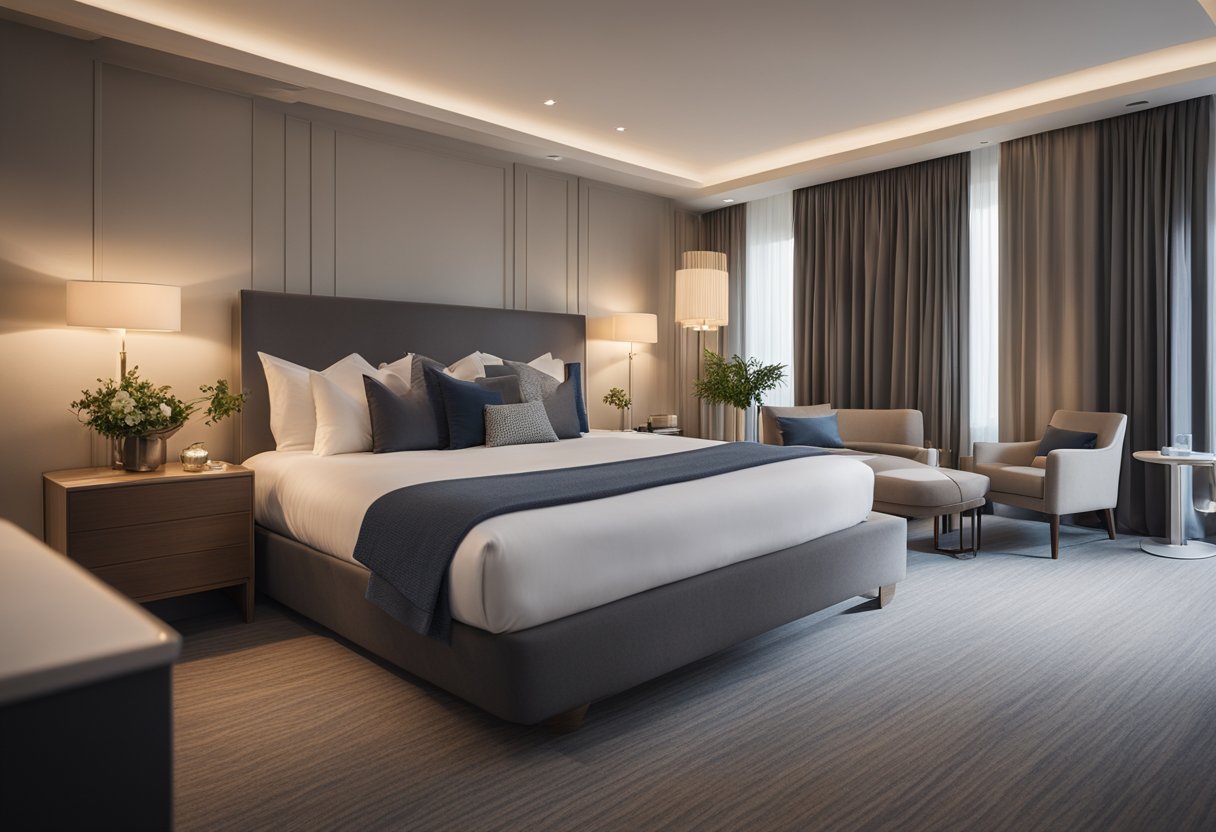 A spacious hotel room bedroom with a plush, comfortable bed, soft, luxurious linens, and stylish, modern furniture arranged in a clean, inviting layout