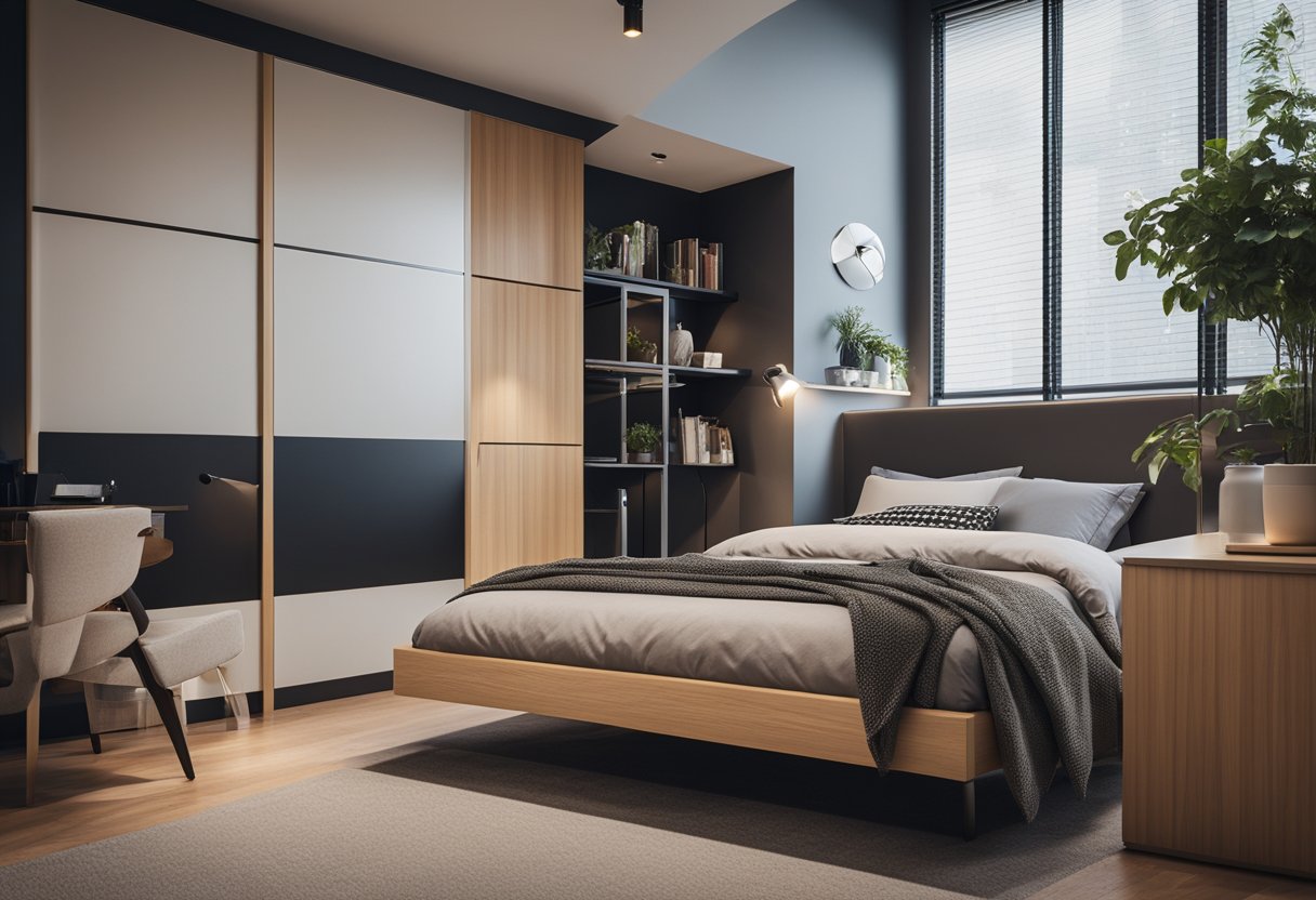 A small bedroom with smart furniture choices, utilizing space efficiently with simple interior design