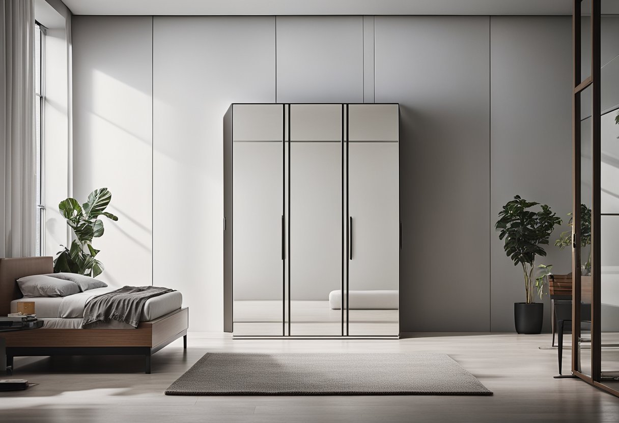 A sleek, modern bedroom almirah stands against a clean, white wall, with mirrored doors and minimalist handles