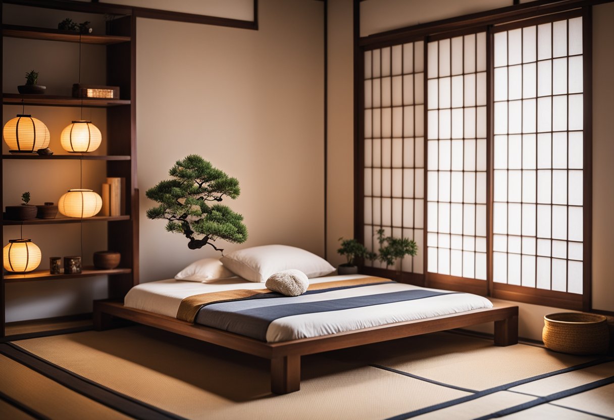 A cozy Japanese bedroom with sliding shoji doors, tatami mat flooring, low futon bed, and minimal decor. A small bonsai tree sits on a wooden shelf, and soft natural light filters through paper lanterns