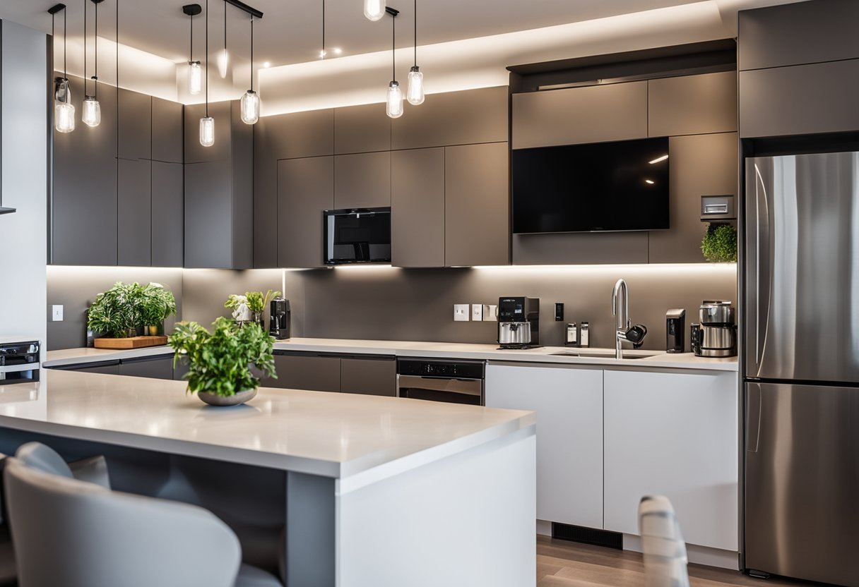 The condo living room features a convertible sofa bed, a wall-mounted TV, and a foldable dining table with chairs. The kitchen area showcases a compact fridge, a microwave, and a pull-out pantry