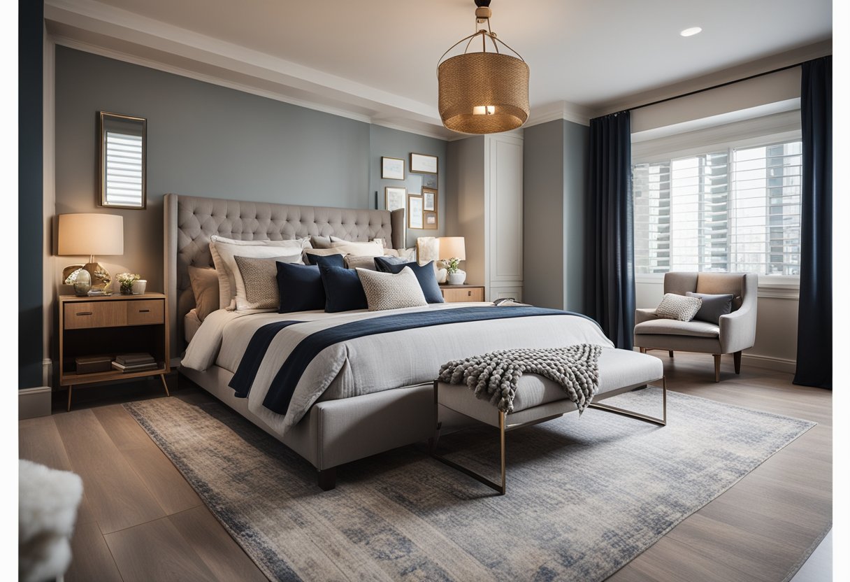 A cozy bedroom with a mix of modern and traditional furniture, soft lighting, and personalized decor accents. A comfortable bed with layered pillows and a stylish rug complete the look