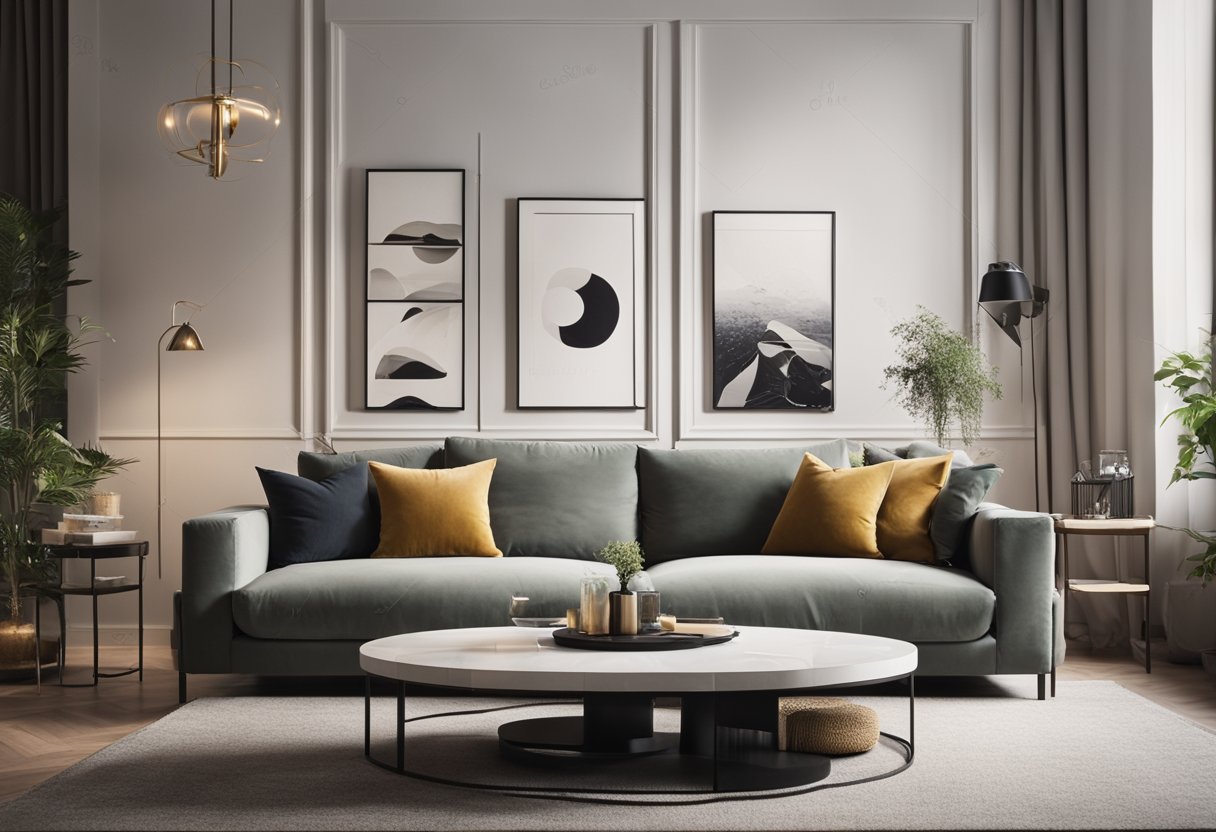 A cozy living room with a plush sofa, elegant coffee table, and stylish wall art. A sleek kitchen with modern appliances and a chic dining area. A luxurious bedroom with a comfortable bed and sophisticated decor