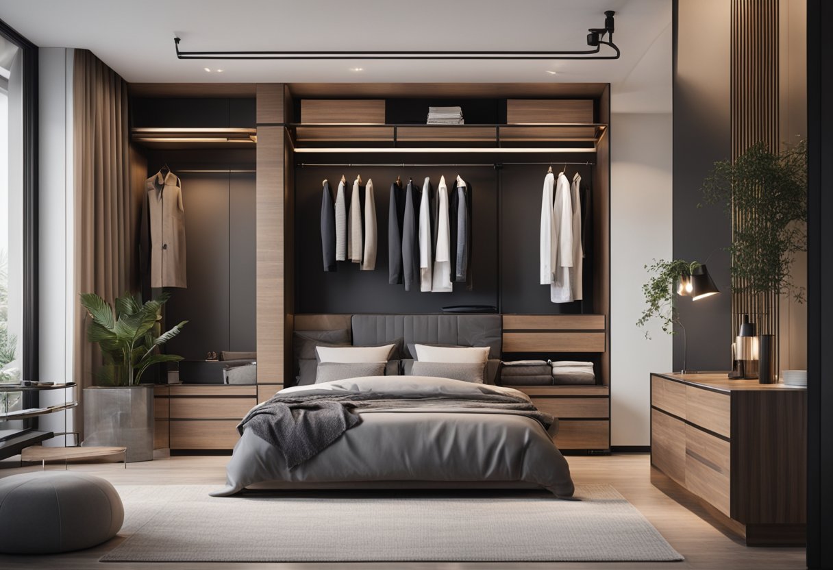 A sleek, modern bedroom with a stylish almirah featuring clean lines, minimalistic design, and a mix of wood and metal materials