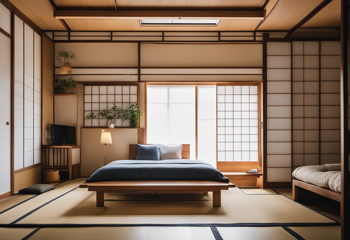 A cozy Japanese small bedroom with tatami flooring, sliding shoji screens, low futon bed, and minimalistic decor