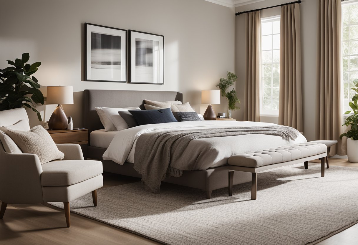 A cozy bedroom with modern furniture, neutral colors, and ample storage space. A large window lets in natural light, and a stylish rug adds warmth to the room