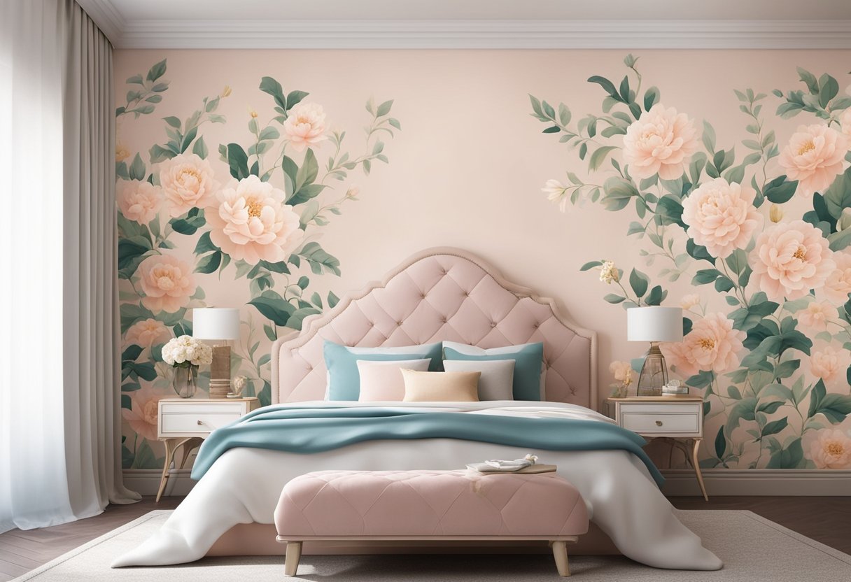 A bedroom with floral wallpaper in pastel colors, featuring a delicate pattern of blooming flowers and trailing vines