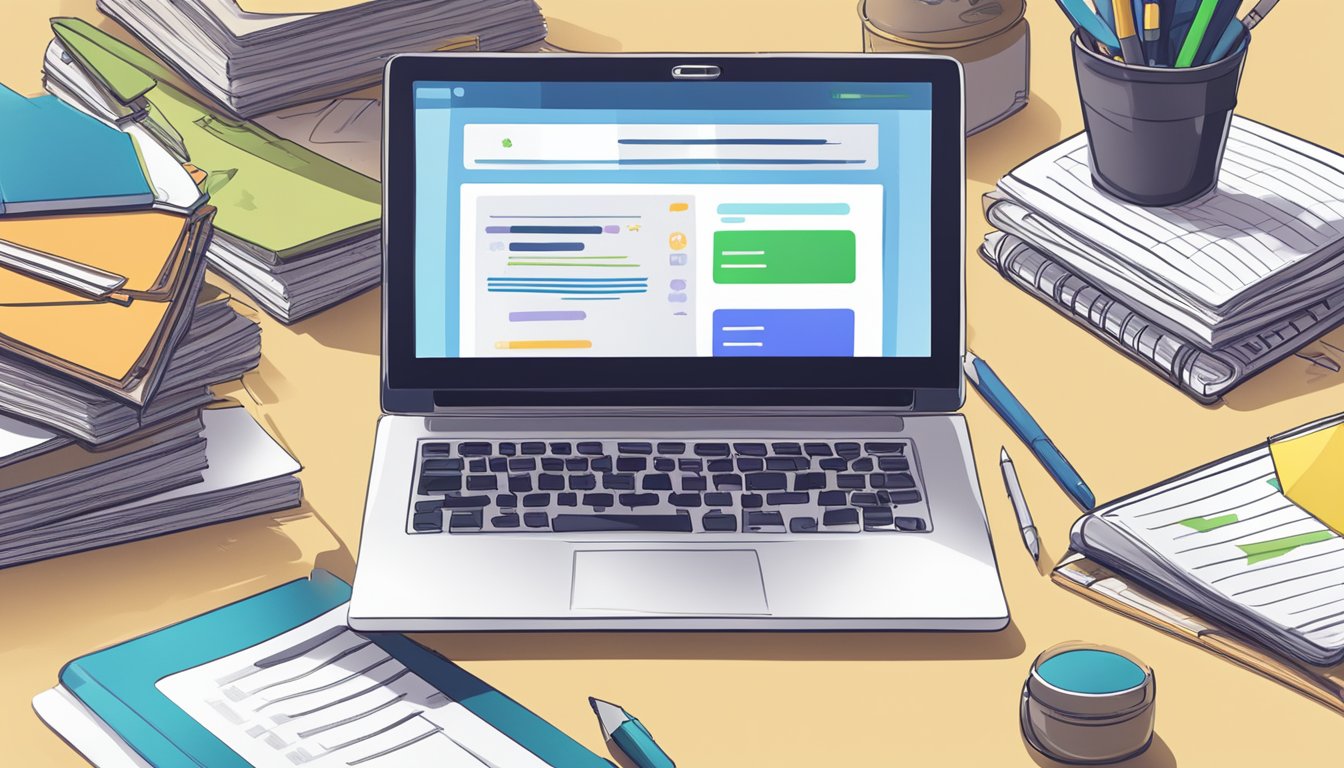 A laptop with a "Start Your Online Loan Business" webpage open, surrounded by books on finance and a notepad with brainstorming notes