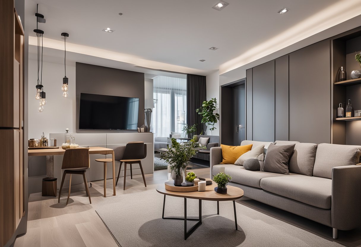 A cozy living room with a modern sofa, a small dining area, and a sleek kitchenette. A bedroom with a comfortable bed and stylish decor. A clean and functional bathroom with a walk-in shower