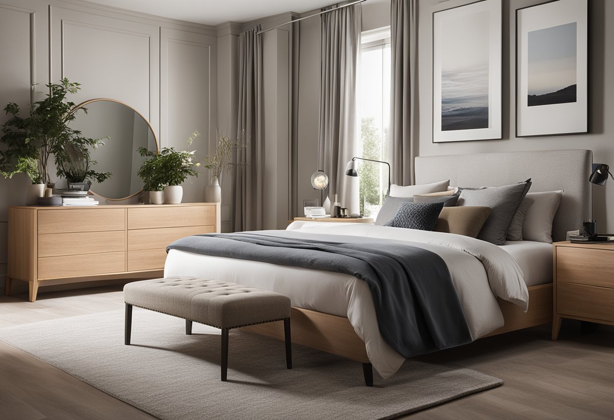A cozy master bedroom with simple, yet elegant furnishings and clever storage solutions to maximize space