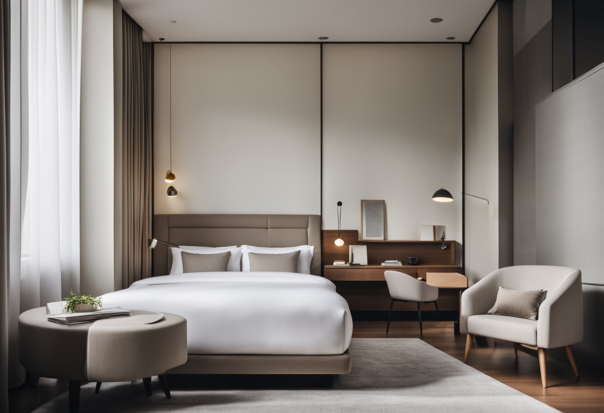 A hotel room with a modern, minimalist design. The bed is neatly made with crisp white linens, and there is a sleek desk with a comfortable chair. The room is flooded with natural light from large windows, and there are subtle, elegant touches