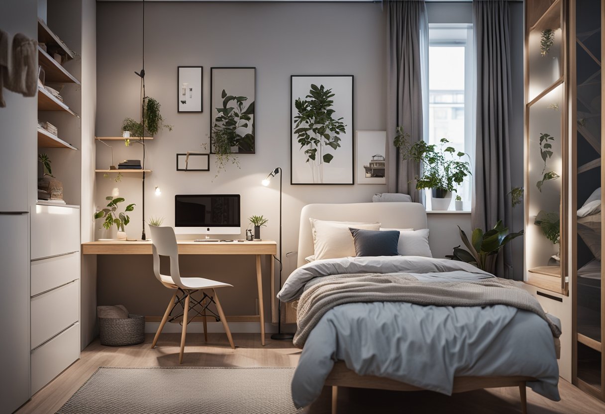 A cozy bedroom with IKEA furniture, a neatly made bed, a stylish wardrobe, and a functional desk with a chair. Bright lighting and decorative accents complete the modern yet practical design