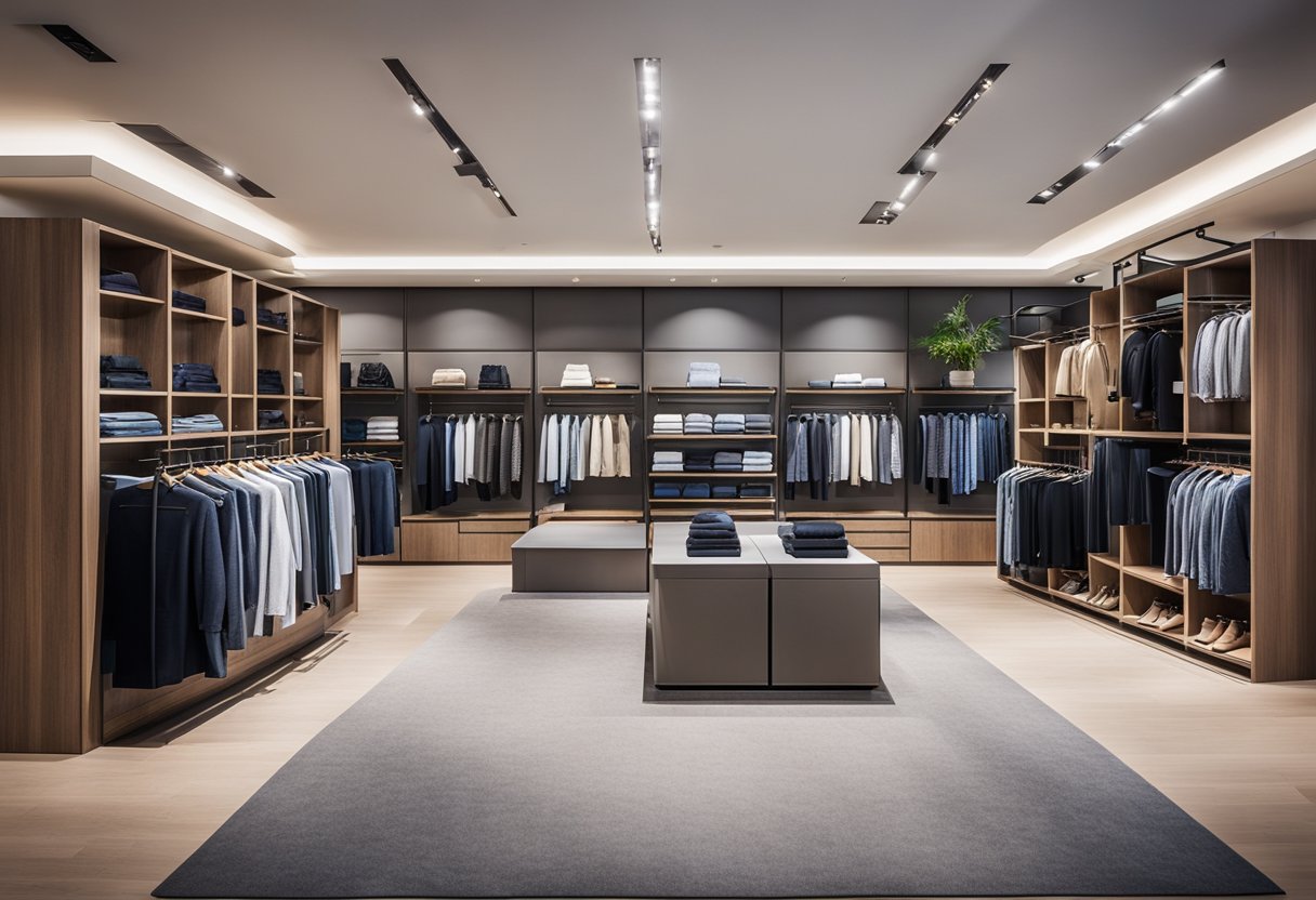 The showroom interior features racks of neatly organized clothes, a modern and sleek display area, and ample natural lighting