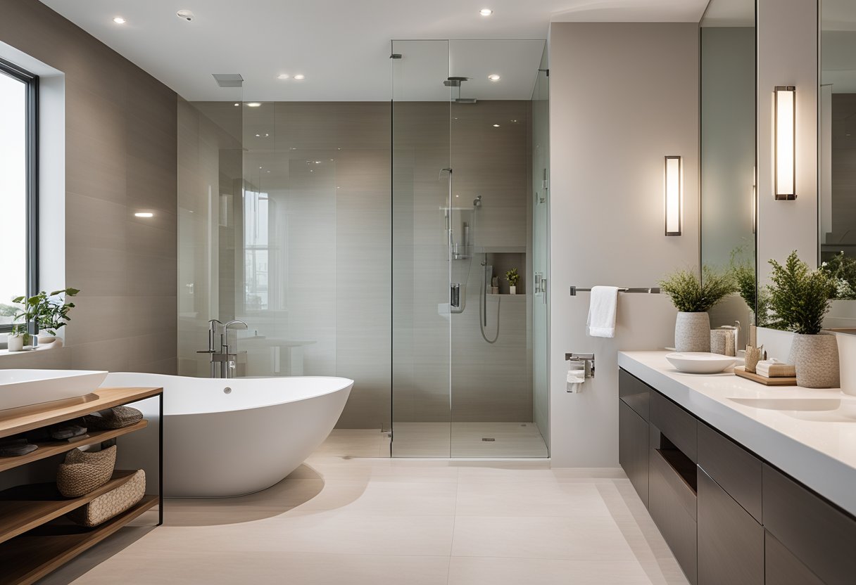 A spacious master bedroom toilet with modern fixtures, a sleek glass shower enclosure, and a luxurious freestanding bathtub. The design features a neutral color palette, clean lines, and ample natural light