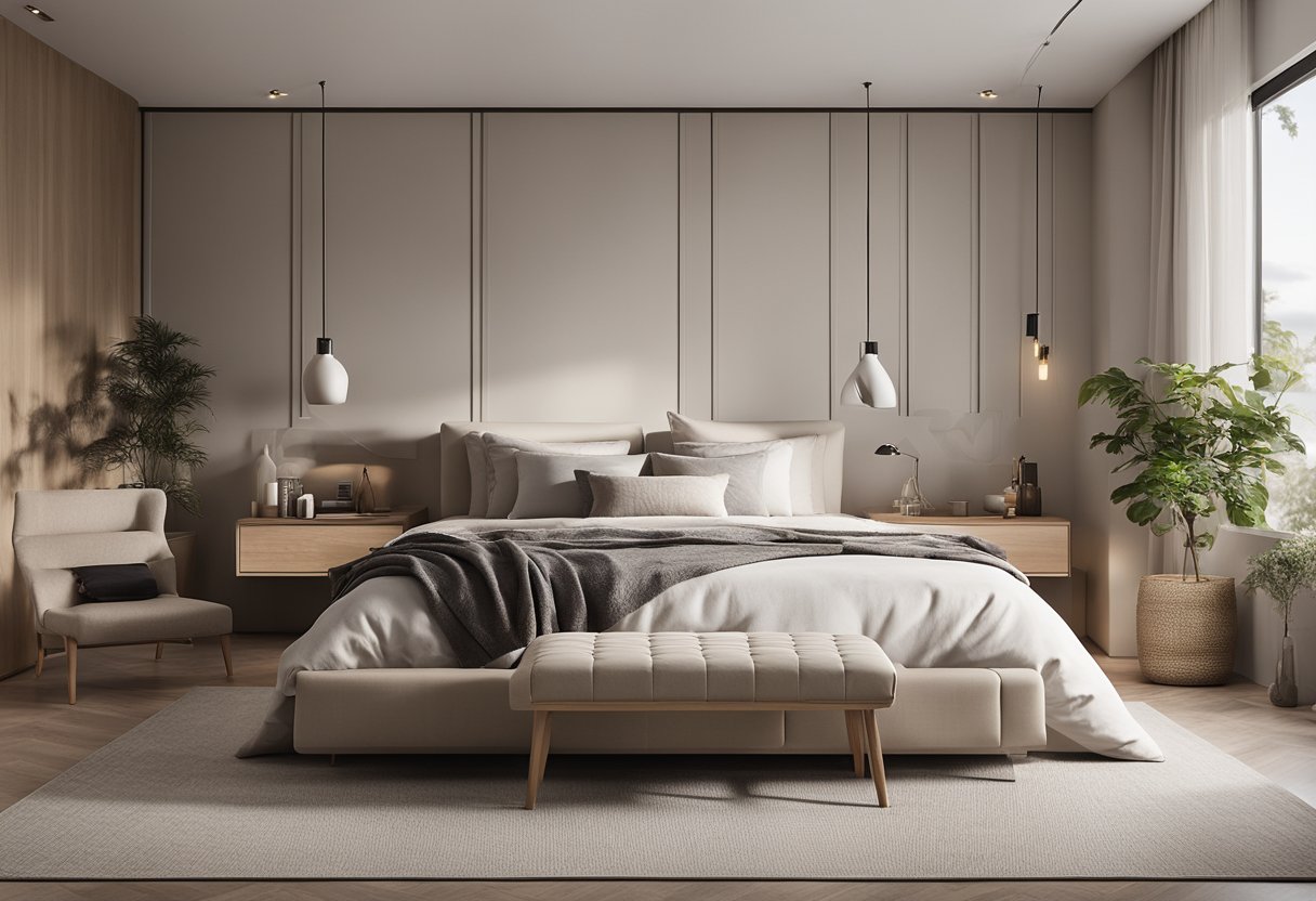 A cozy bedroom with simple yet stylish furniture, a neutral color palette, and clever storage solutions to maximize space. Subtle lighting and decorative accents add a touch of elegance without breaking the budget