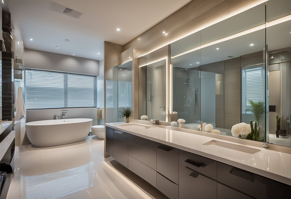 A spacious master bedroom toilet with modern fixtures and a sleek design, featuring a large mirror, a walk-in shower, and a luxurious bathtub