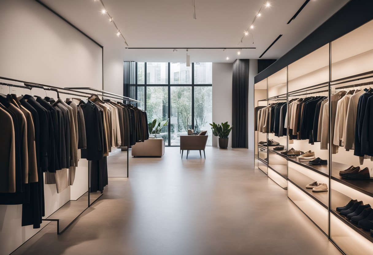 A spacious, modern showroom with sleek racks of clothes, soft lighting, and minimalist decor. A large mirror reflects the carefully curated displays, creating a sense of elegance and sophistication