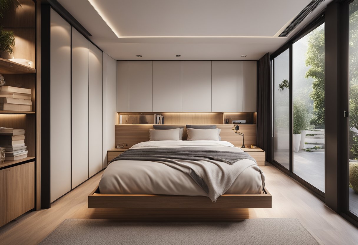 A small bedroom with a raised platform bed, sliding doors, and hidden storage compartments. Minimalist decor with natural materials and soft lighting