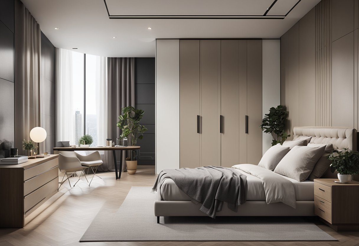 A modern bedroom with a sleek, minimalist almirah design, featuring clean lines and a neutral color palette