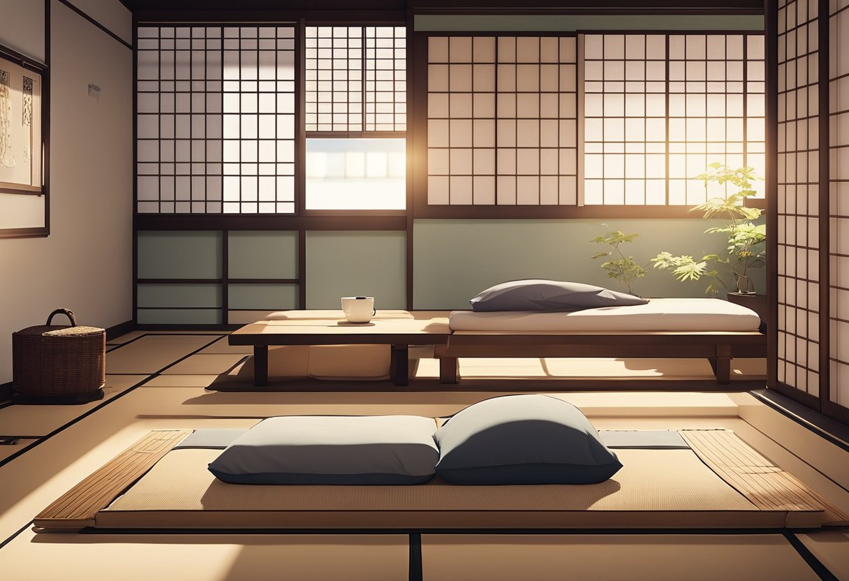A cozy Japanese bedroom with low futon bed, sliding shoji screens, minimalist decor, and tatami flooring