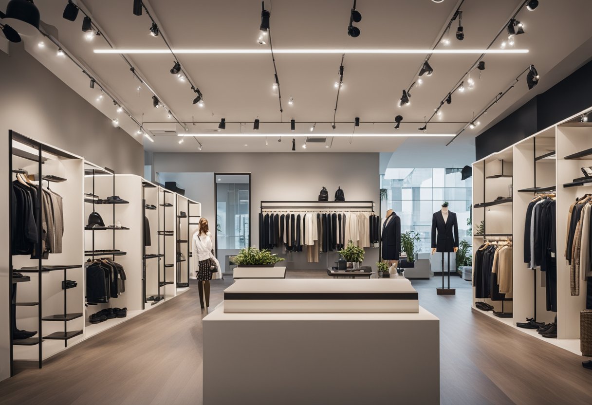 A well-lit showroom with neatly arranged clothing racks and shelves, strategically placed mirrors, and stylish mannequins showcasing the latest products