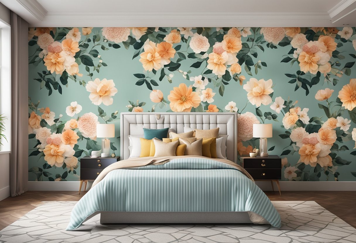 A bedroom with various wallpaper styles: floral, geometric, and striped. Bright colors and intricate patterns create a lively and dynamic atmosphere