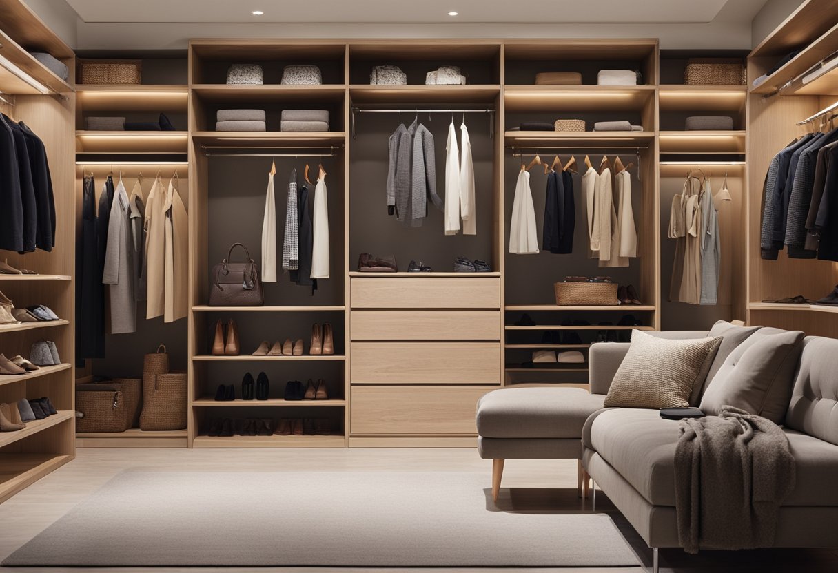 A spacious walk-in closet with built-in shelves, drawers, and hanging rods. A full-length mirror on the back of the door. Bright lighting and a cozy seating area