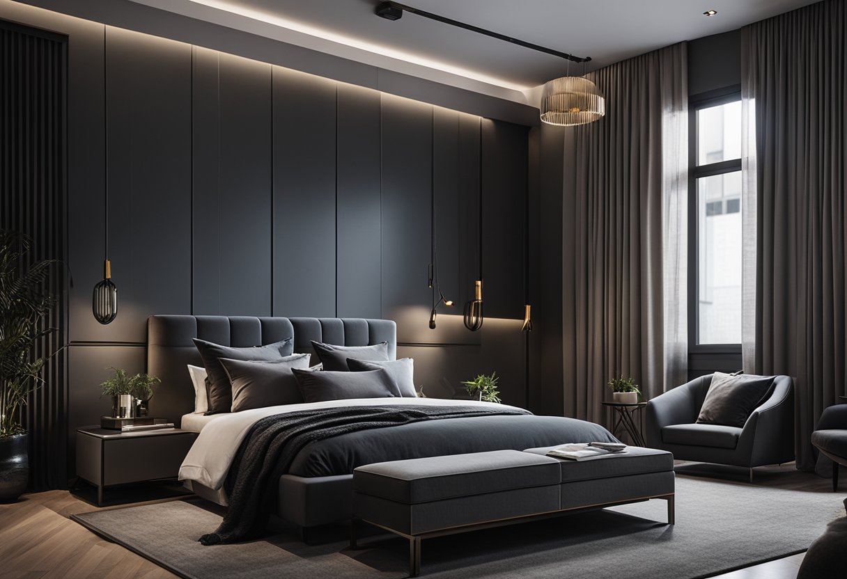 A dark grey bedroom with minimal furniture and dim lighting. Textured walls and a plush rug add depth to the space