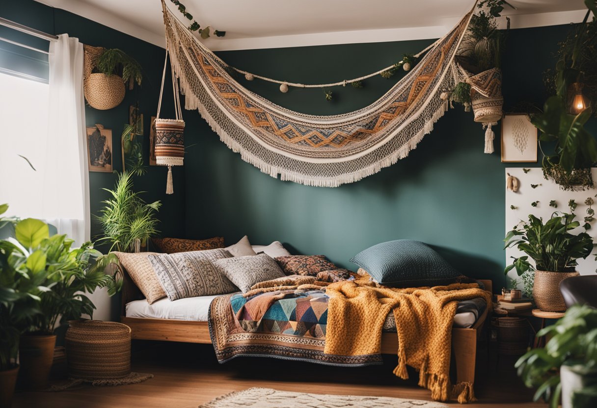 A cozy bohemian bedroom with colorful tapestries, vintage rugs, and lots of plants. A low-lying bed with patterned pillows and a hanging macramé light fixture
