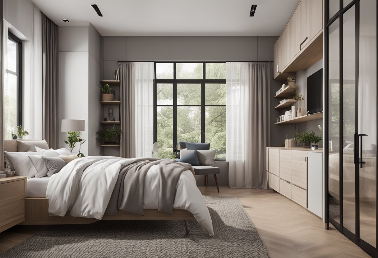 A spacious bedroom seamlessly integrates with a walk-in closet, featuring modern furniture and ample natural light