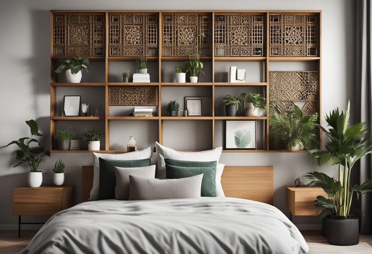 A bedroom with a geometric divider separating the sleeping area from a workspace. The divider is made of wood and metal, with intricate patterns and shelves for plants and decor