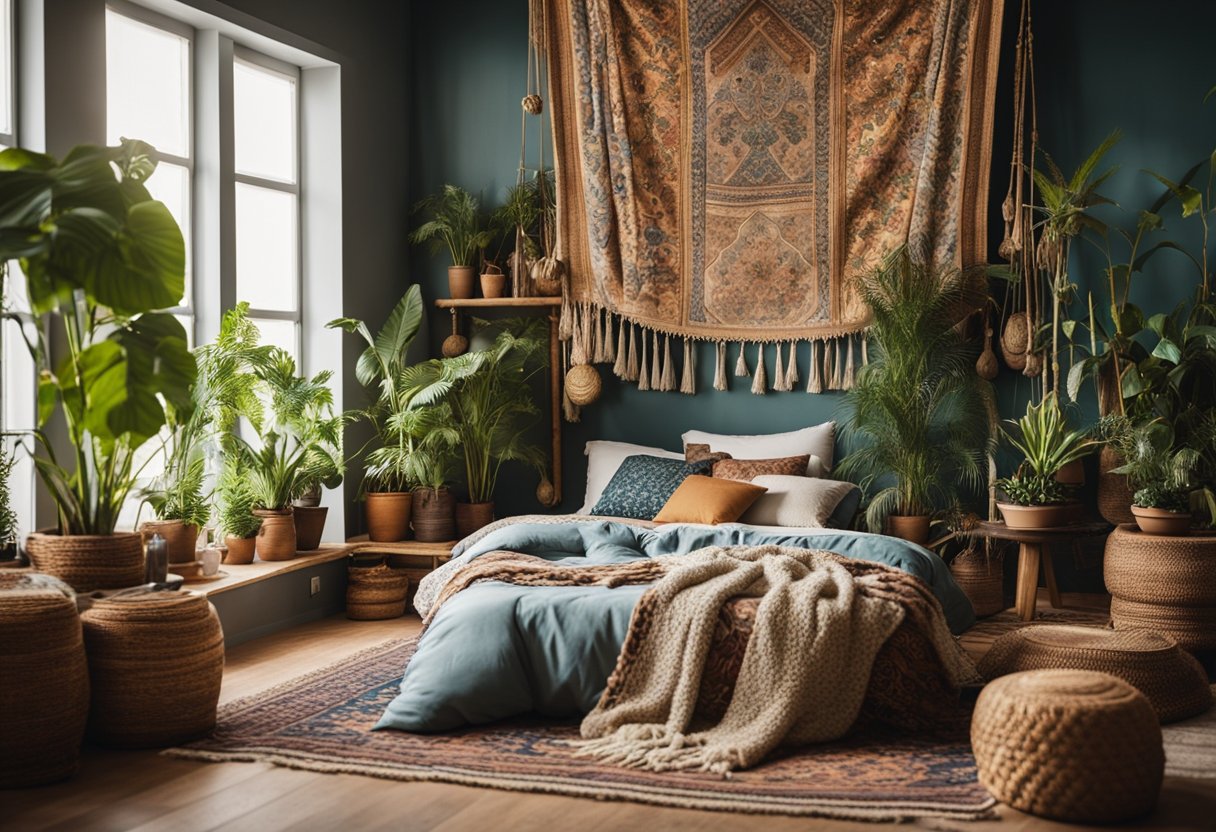 A cozy bohemian bedroom with colorful tapestries, patterned rugs, and hanging plants. A low wooden bed with layered textiles and a mix of vintage and handmade decor