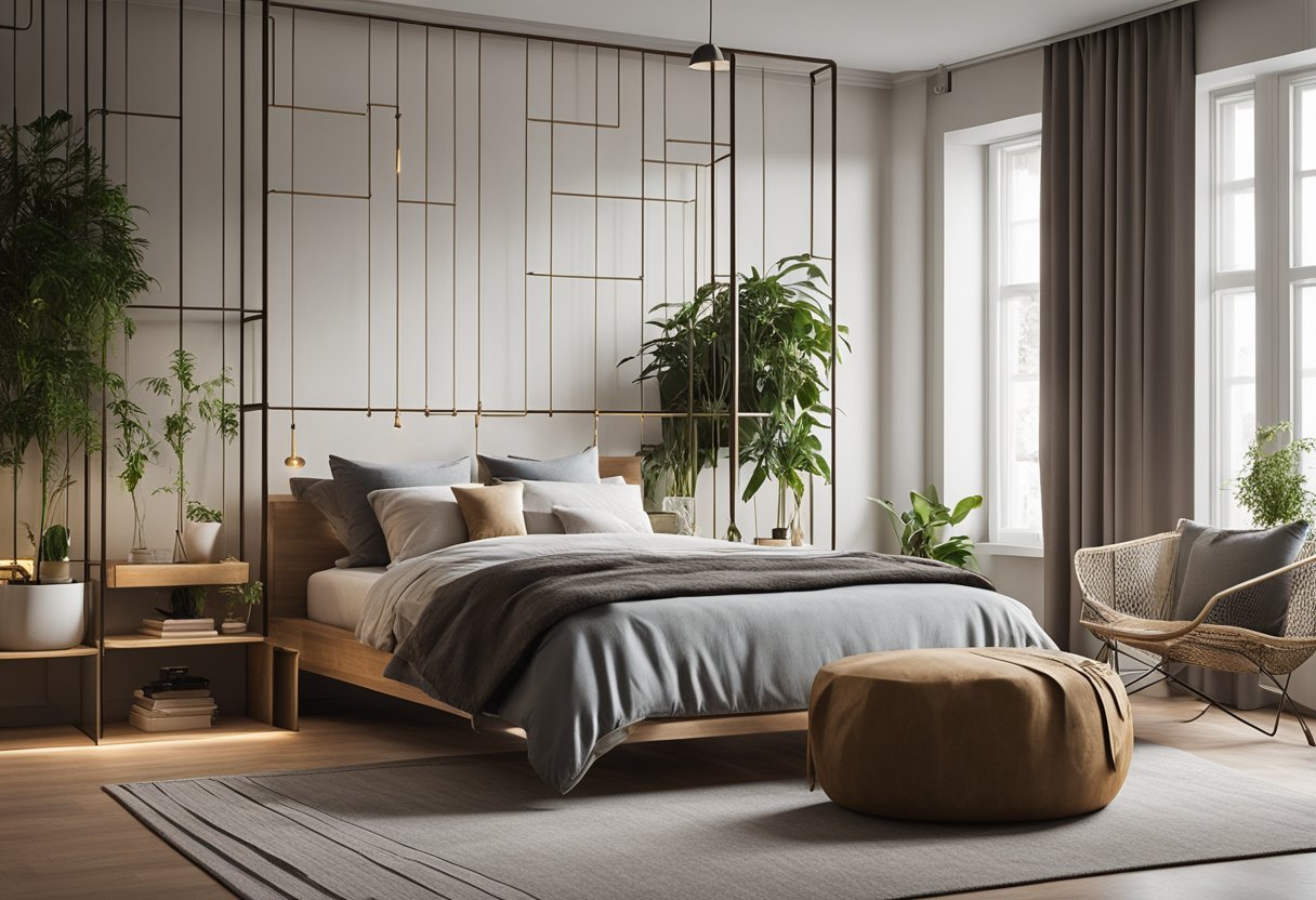 A bedroom with a sleek, modern divider separating the sleeping area from a cozy reading nook. The divider features geometric patterns and is adorned with hanging plants
