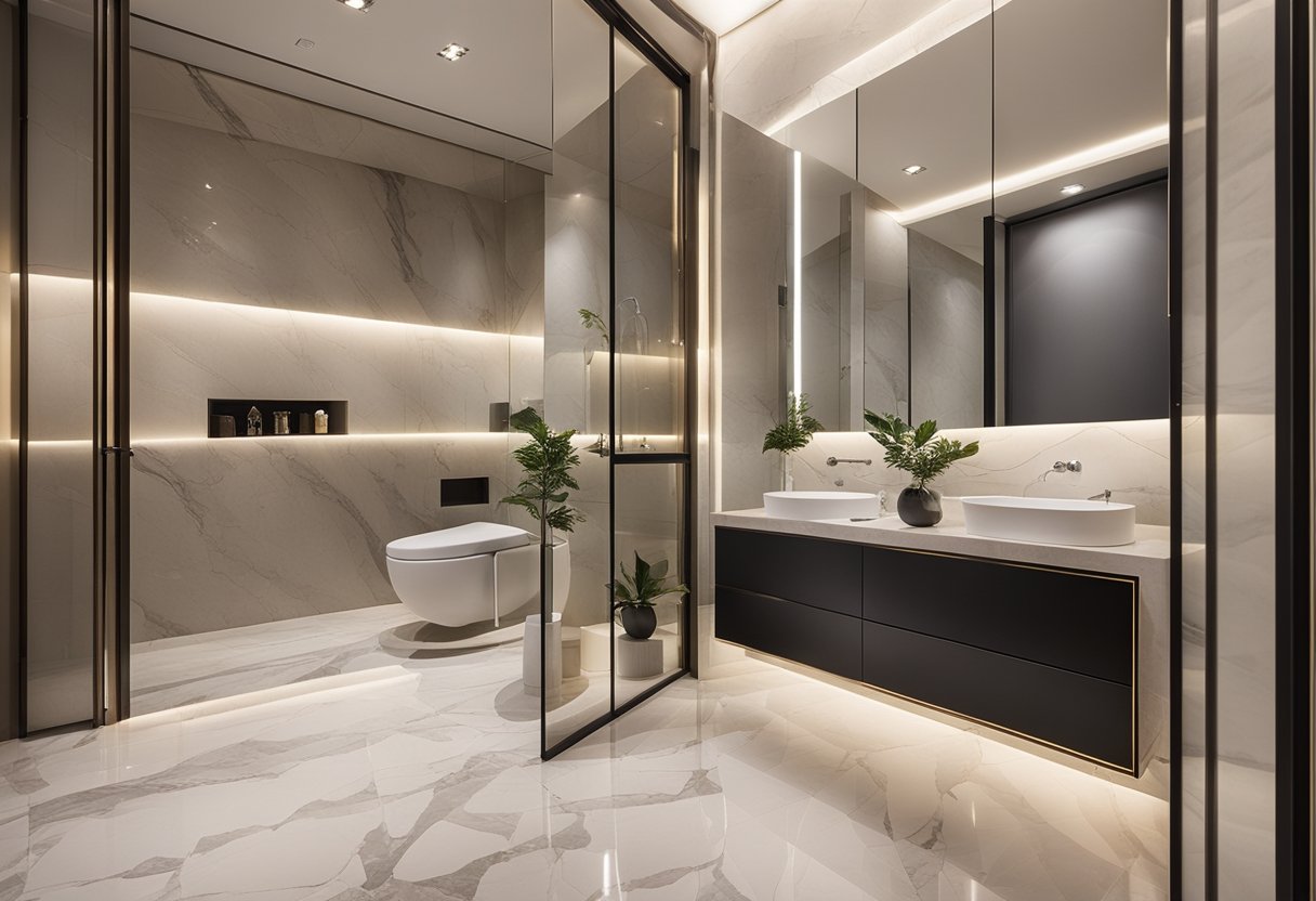 A sleek, modern toilet sits against a backdrop of elegant marble tiles, with a large, frameless mirror reflecting the luxurious master bedroom decor