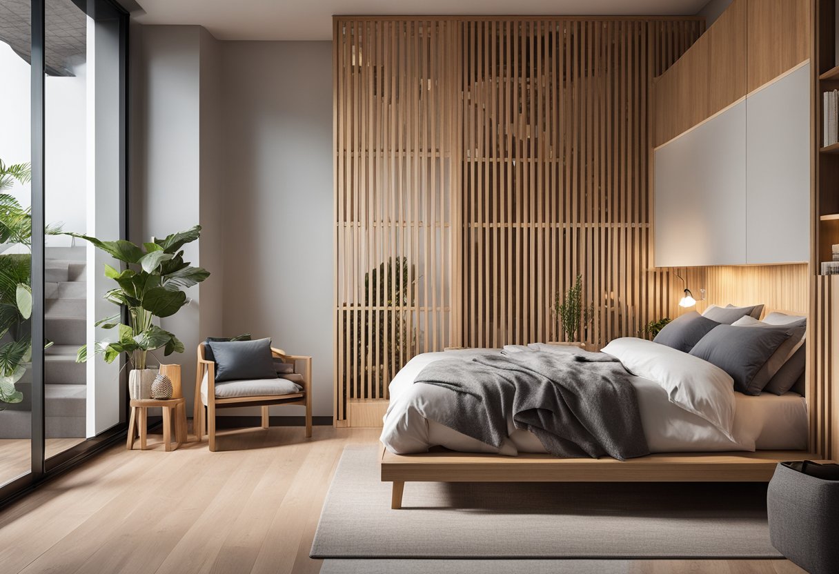 A modern bedroom with a sleek, wooden divider separating the sleeping area from a cozy reading nook. The divider is made of light-colored, sustainable wood and features geometric cutouts for added visual interest