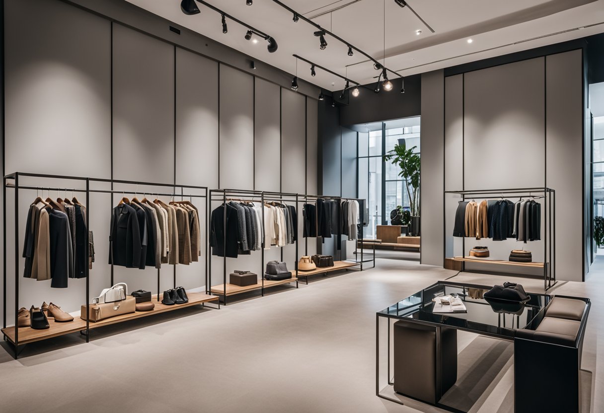 A modern clothes showroom with sleek racks, vibrant displays, and a minimalist color scheme. Large mirrors and ample natural light create a spacious and inviting atmosphere