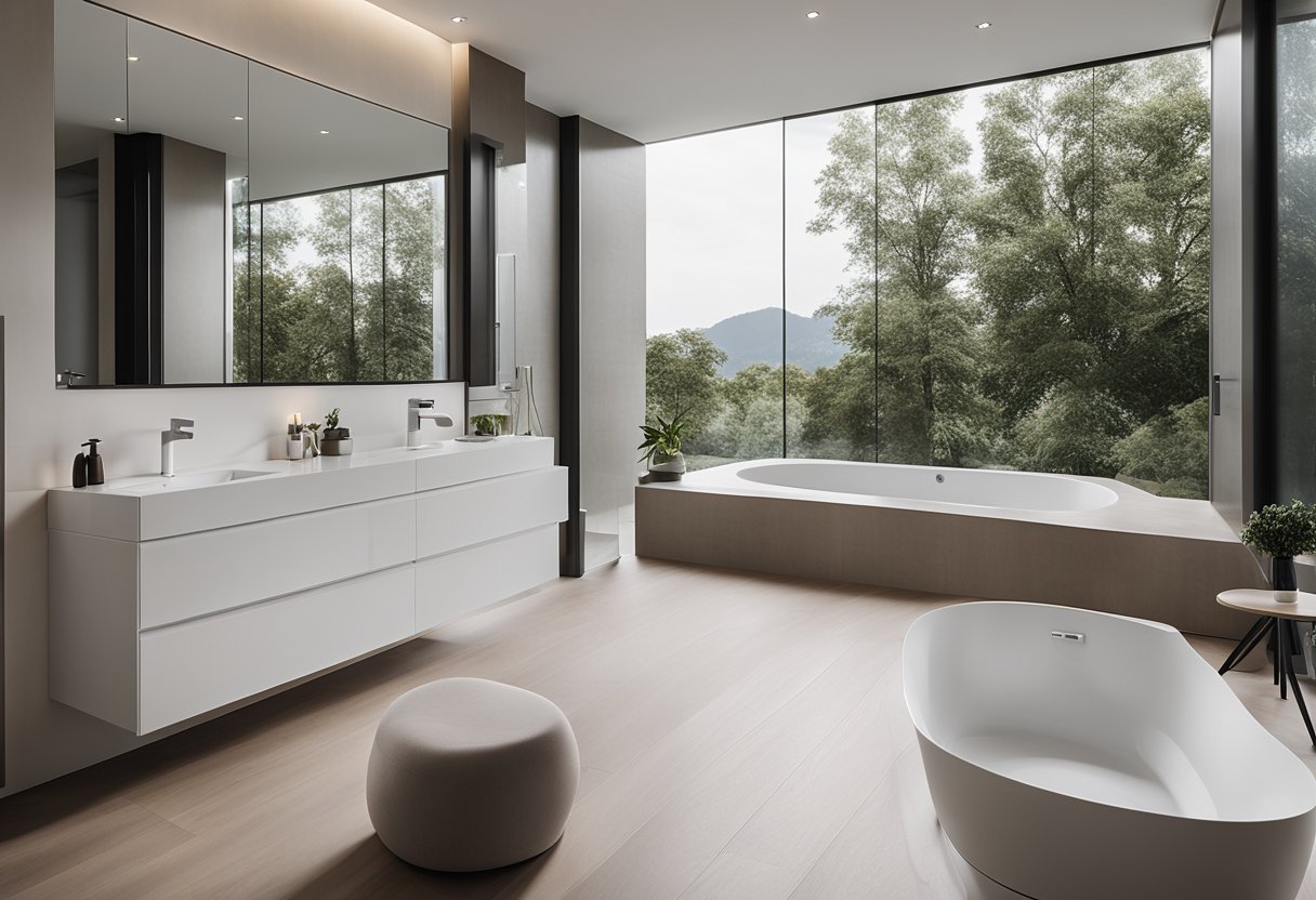 A spacious master bedroom toilet with a modern, minimalist design. The toilet is positioned next to a large window, allowing natural light to fill the room. A sleek, freestanding bathtub sits opposite the toilet, creating a luxurious and relaxing atmosphere