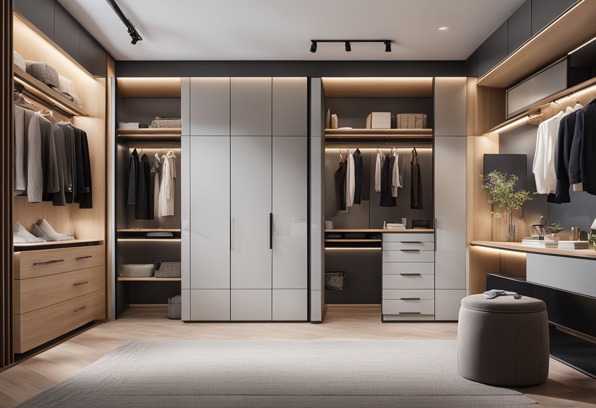 A spacious bedroom with a modern walk-in closet, featuring organized shelves, hanging space, and a stylish vanity area