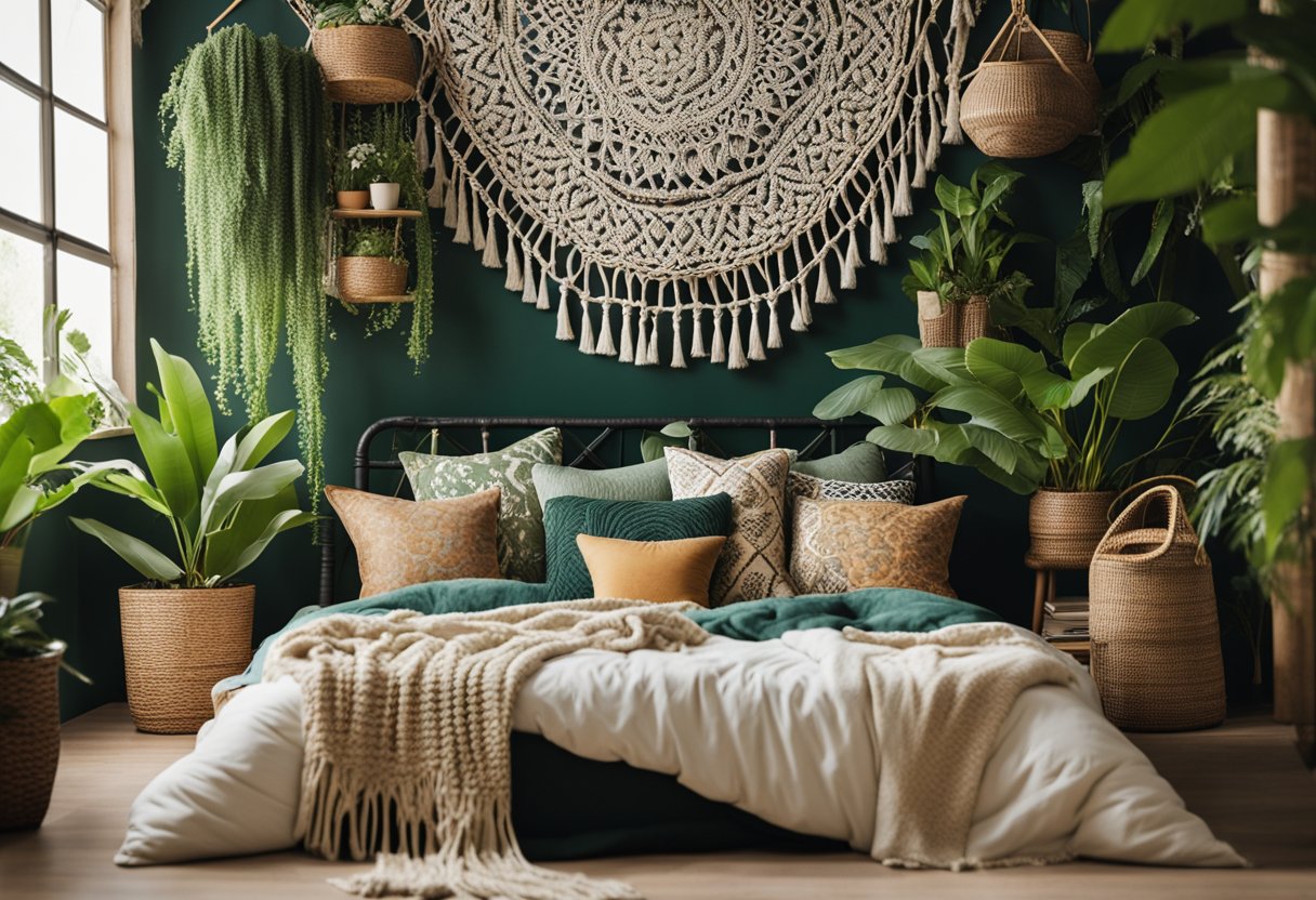 A cozy bohemian bedroom with layered textiles, macrame wall hangings, and a mix of patterned pillows. A rattan chair with a cozy throw blanket sits in the corner, surrounded by lush green plants