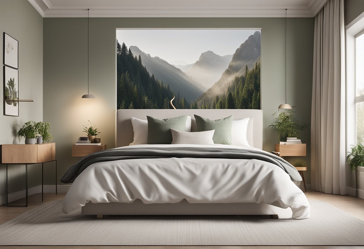 A bedroom with neutral-colored walls, a large window, and a cozy bed. The wallpaper features a subtle, nature-inspired pattern to create a calming atmosphere