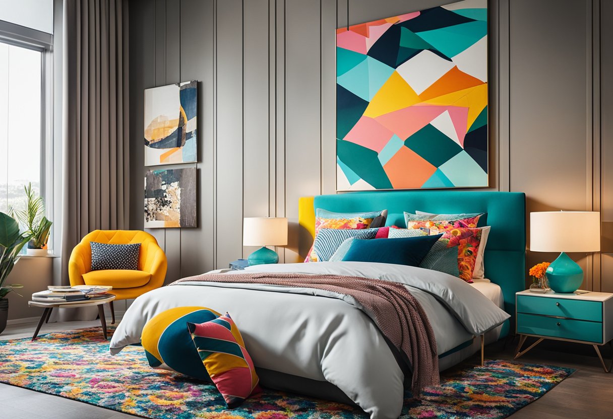 A modern bedroom with vibrant pop design elements. Bright colors, geometric shapes, and bold patterns adorn the walls, bedding, and decor