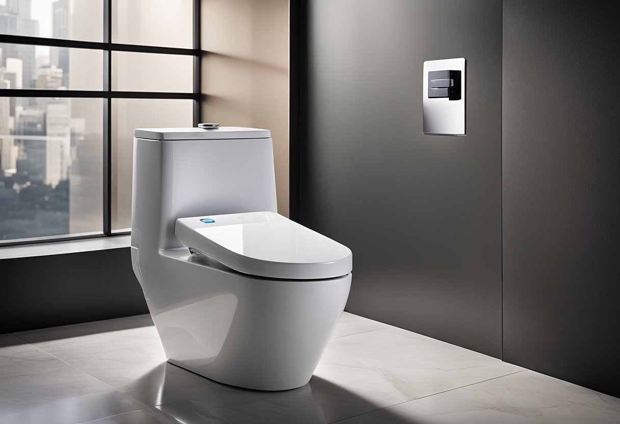 A modern, sleek toilet with integrated bidet and smart controls, surrounded by elegant marble and chrome fixtures
