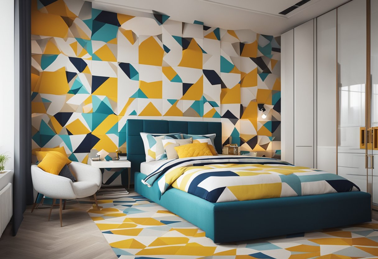A bright, modern bedroom with geometric pop design elements, including bold colors, sleek furniture, and playful patterns