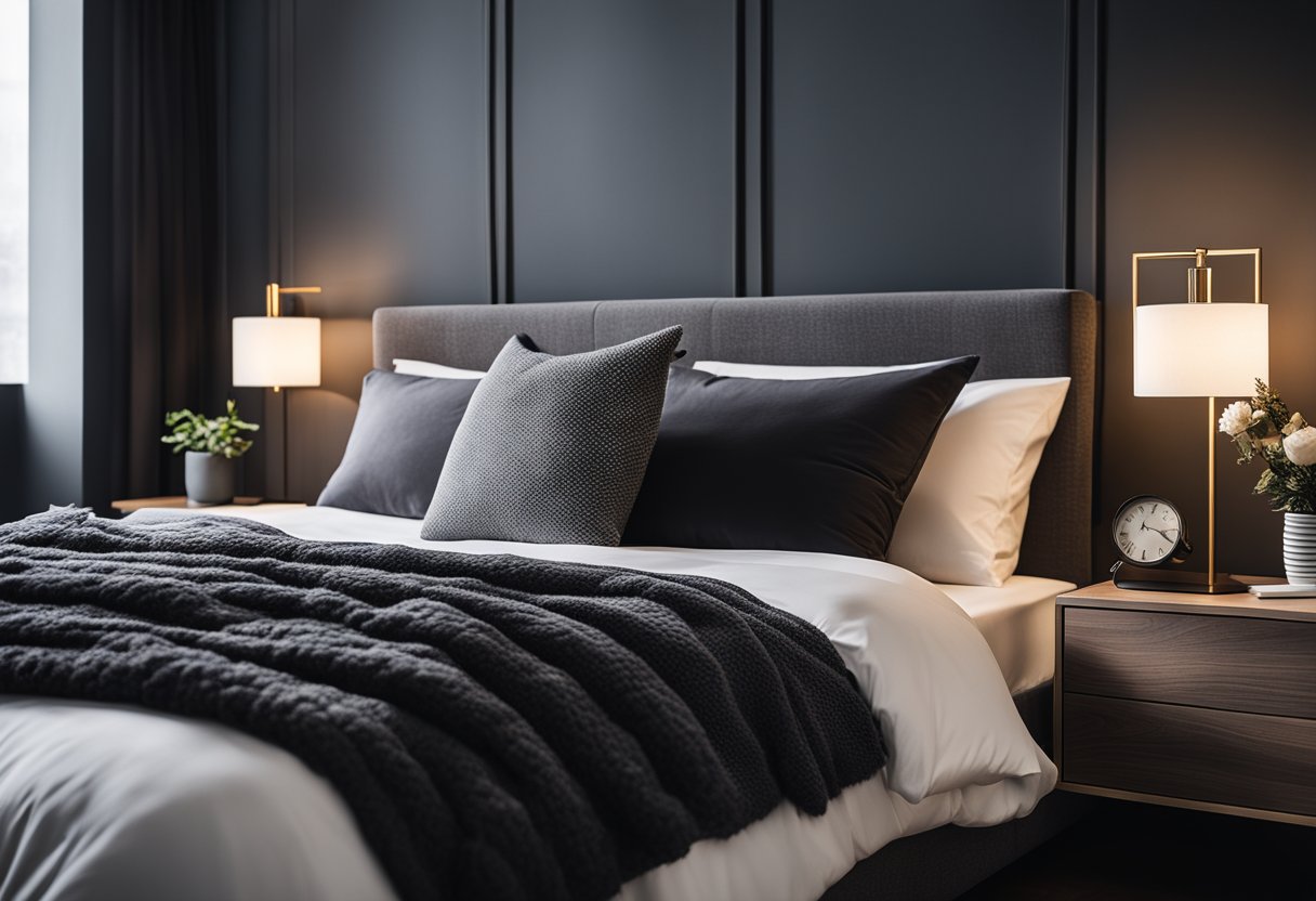 A cozy dark grey bedroom with a plush bed, textured throw pillows, and a sleek nightstand with a modern lamp