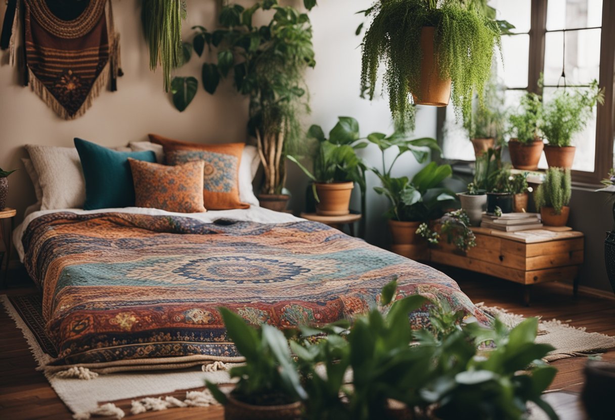 A cozy bohemian bedroom with colorful tapestries, mismatched furniture, and hanging plants. A low bed with patterned pillows and a vintage rug completes the eclectic look