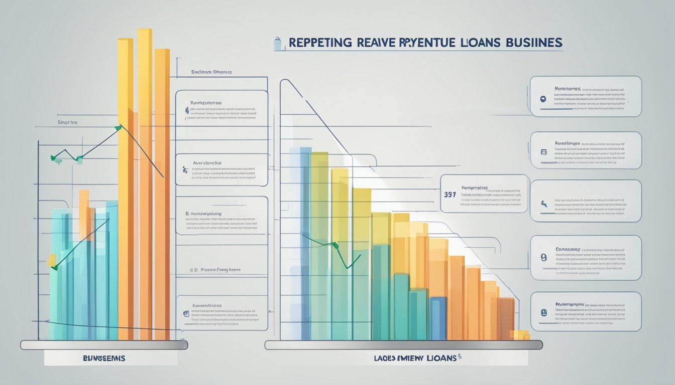 A bar graph showing increasing revenue over time, with labeled sections for eligibility and repayment structure of business loans