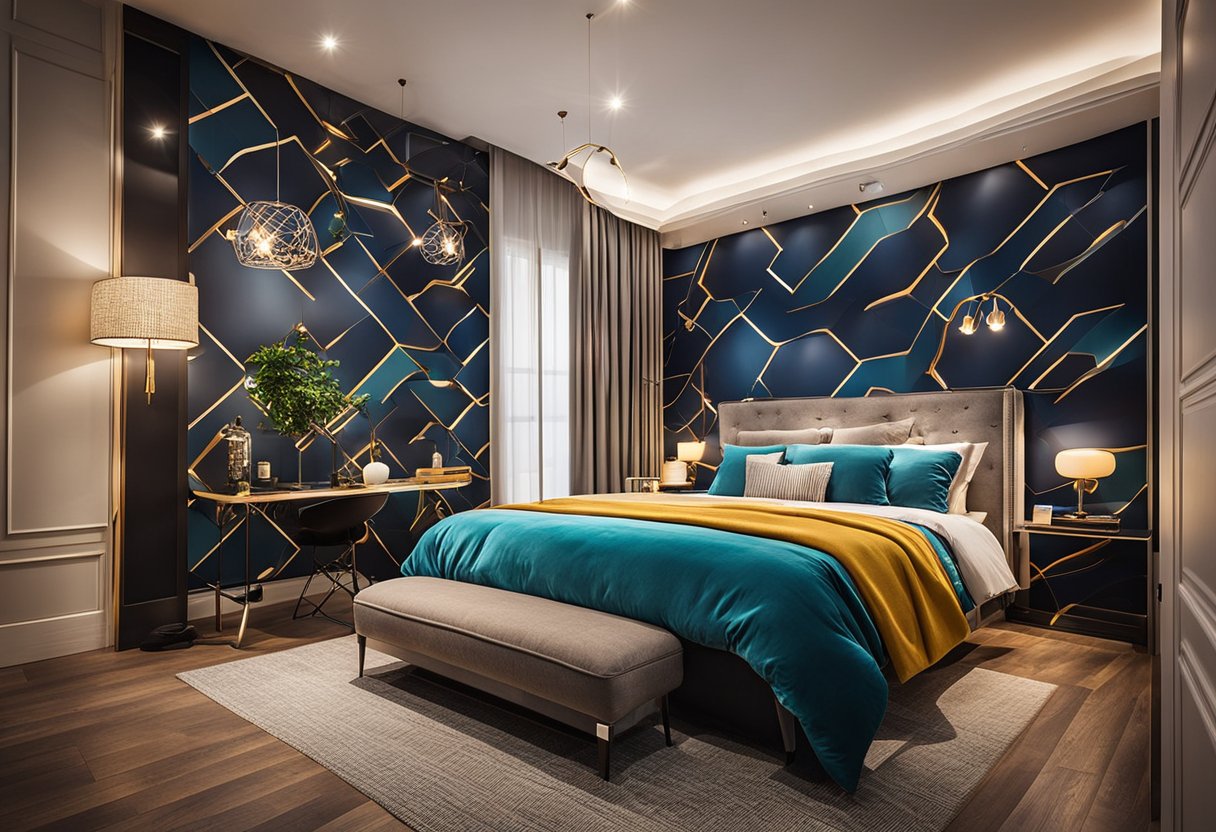A bedroom with vibrant pop design wallpaper, a cozy bed with colorful throw pillows, and stylish lighting fixtures