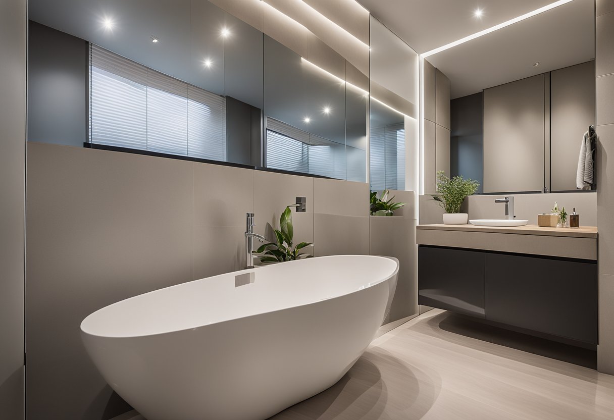 A spacious master bedroom toilet with modern fixtures and a sleek, minimalist design. A large, frameless mirror reflects the soft, ambient lighting