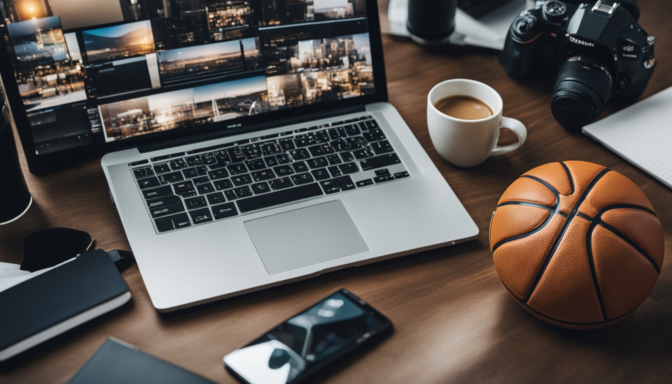 A basketball blog being created, developed, and monetized with a computer, notebook, and basketball-related items scattered around a desk