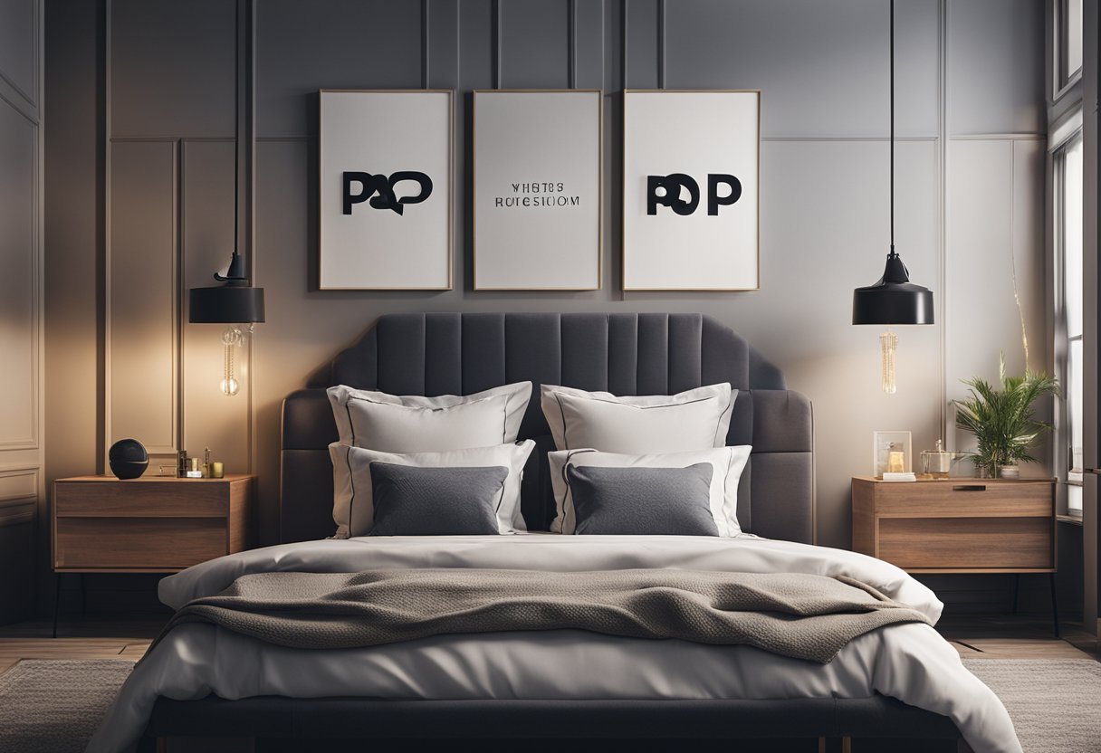 A cozy bedroom with a modern pop design featuring a wall covered in frequently asked questions in bold typography